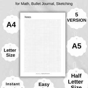 Printable Grid Paper PDF – Digital Squared Paper for Math, Bullet Journal, Sketching, A4, A5, Letter, Half Letter