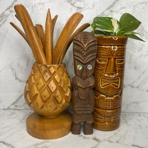 MCM Vintage Hand geschnitzte Ananas Tiki Löffel Servierer mit 8 Löffeln