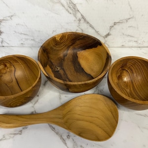 Set of 3 vintage hand carved rice bowls with serving spoon