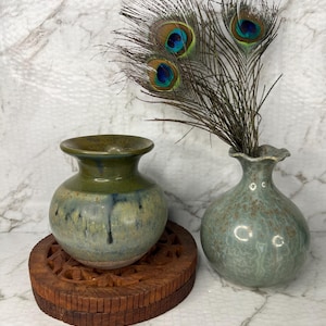 Può includere: Due vasi in ceramica, uno verde e blu, l'altro verde maculato, sono su una superficie di marmo. Il vaso verde e blu poggia su un sottobicchiere in legno intagliato. Piume di pavone disposte nel vaso maculato.