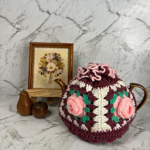 Funda para tetera y tetera de punto con motivos florales vintage