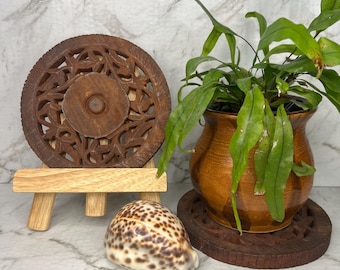 Set of 2 vintage hand carved teak trivets