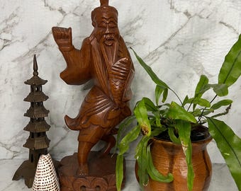 ヴィンテージ 中国 オリエンタル 日本 彫刻 木製 漁師 彫刻 ヴィンテージ 中国 東洋 木彫り 漁師 12 インチ 彫刻 *ポール欠品