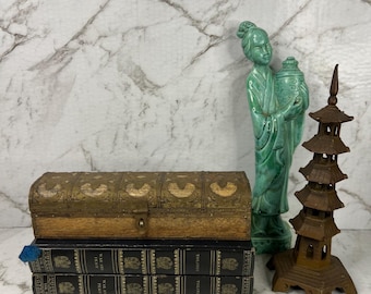 Vintage Indian carved wood jewelry chest with brass details