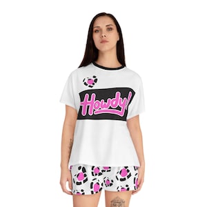 Howdy! Cow Print Pajama Set | Short Pajama Set with Pink Leopard Hearts AOP image 11