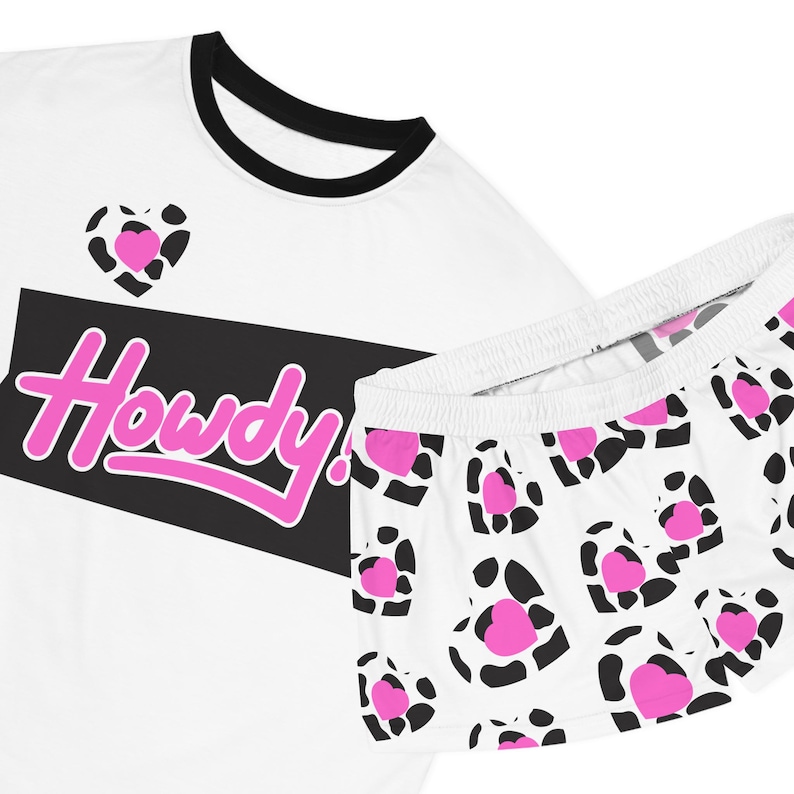 Howdy! Cow Print Pajama Set | Short Pajama Set with Pink Leopard Hearts AOP image 10