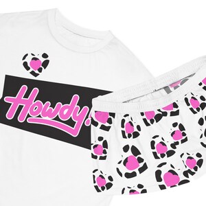 Howdy! Cow Print Pajama Set | Short Pajama Set with Pink Leopard Hearts AOP image 3