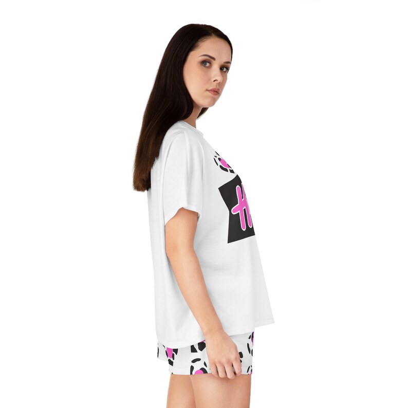 Howdy! Cow Print Pajama Set | Short Pajama Set with Pink Leopard Hearts AOP image 5