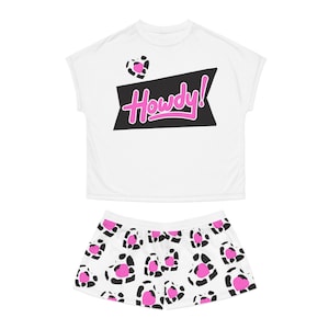 Howdy! Cow Print Pajama Set | Short Pajama Set with Pink Leopard Hearts AOP image 1