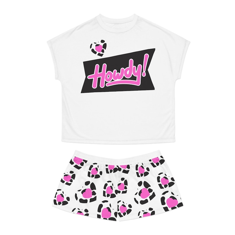Howdy! Cow Print Pajama Set | Short Pajama Set with Pink Leopard Hearts AOP image 1
