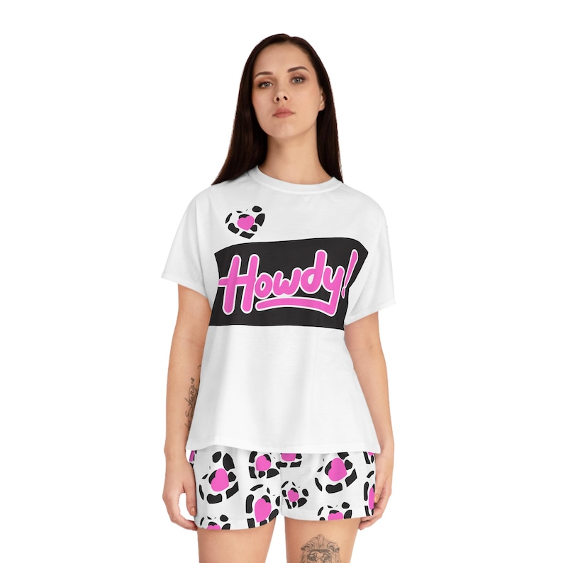 Howdy! Cow Print Pajama Set | Short Pajama Set with Pink Leopard Hearts AOP image 4