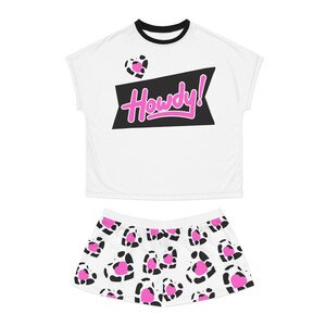Howdy! Cow Print Pajama Set | Short Pajama Set with Pink Leopard Hearts AOP image 8