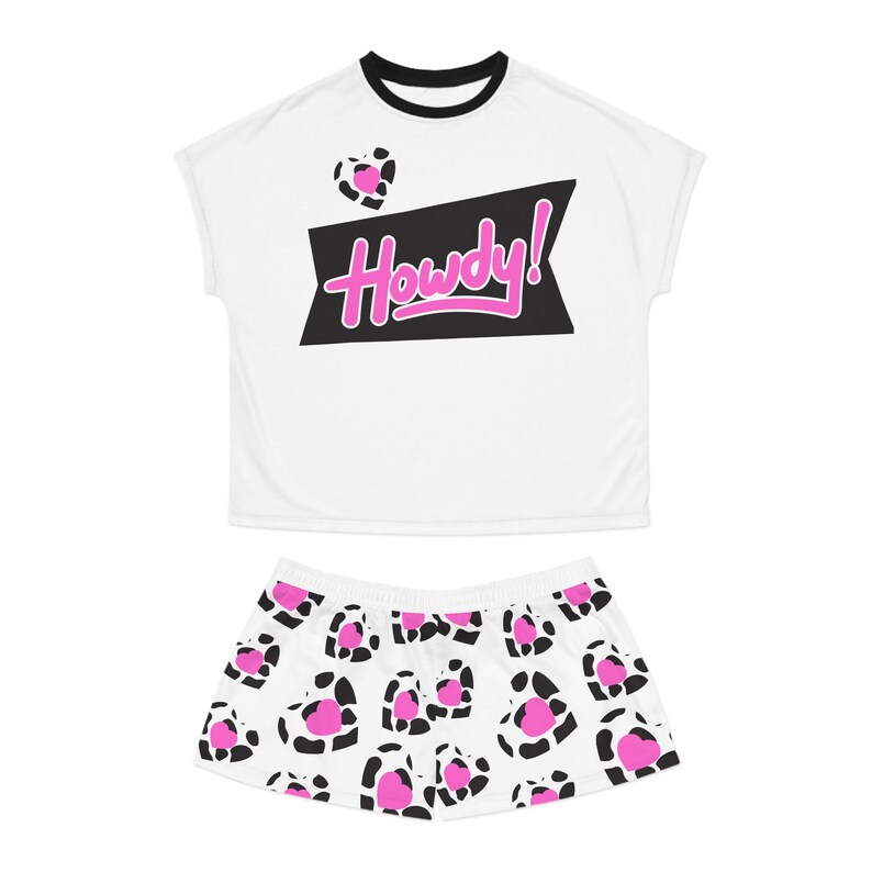 Howdy! Cow Print Pajama Set | Short Pajama Set with Pink Leopard Hearts AOP image 8
