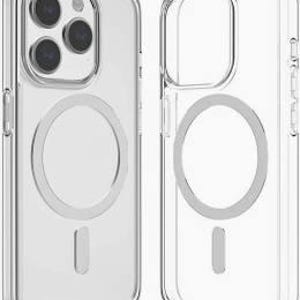 May include: A clear phone case with a built-in magnetic ring holder. The case is designed for a smartphone with a triple camera system.