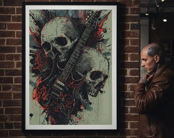 Abstract Skull Guitar Wall Art Grunge Street Style Rock Music Poster Gothic Home Decor