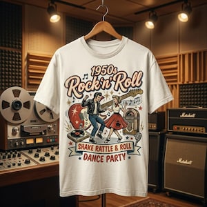 May include: A cream-colored t-shirt featuring a graphic print of a 1950s rock and roll dance party. The design includes a couple dancing, a guitar, a jukebox, and a record player, with the text 1950s Rock n Roll and Shake Rattle & Roll Dance Party.