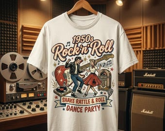 1950s Rock n Roll T-Shirt, Vintage Shake Rattle Dance Party Graphic, Rockabilly Jukebox Tee