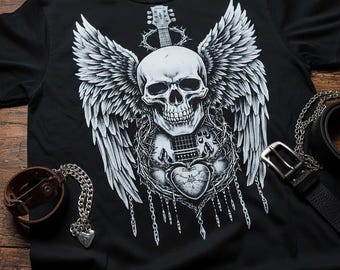 Gothic Winged Guitar Skull Art | Dark Heavy Metal Skeleton Design for Rocker Gifts