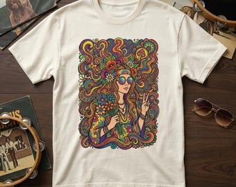 Psychedelic Hippie Girl Peace Sign Retro 1970s Mushroom Floral Graphic Shirt Design PNG Digital