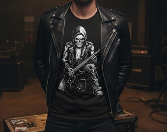 Skeleton Rocker Art, Grunge Guitarist Design for Dark Streetwear T-Shirts