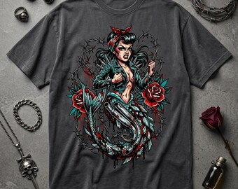 Biker Tattoo Punk Mermaid Graphic – Barbed Wire Rose, Mechanical Tail (DTG Print)