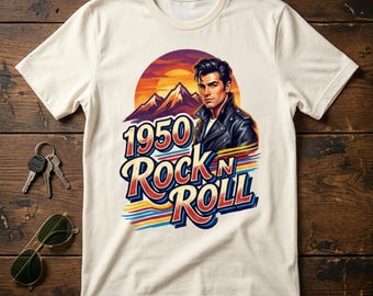 Vintage Greaser Biker Leather Jacket Man 1950 Rock N Roll Sunset Mountainous Music Graphic