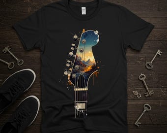 Guitar Headstock Landscape PNG, Double Exposure T-Shirt Design with Nature Elements