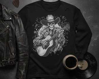 Outlaw Skeleton Guitarist Art | Western Rocker Skull Design for Country Rock Gifts