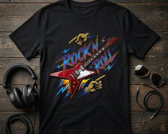 Rock n Roll T-Shirt Design, Red Guitar Graphic for Apparel Printing