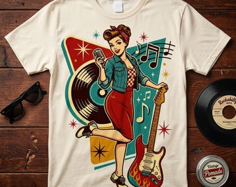 Vintage Pinup Rocker Girl PNG Retro Music Festival Electric Guitar Graphic Shirt Rockabilly Art