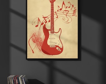 Vintage Red Electric Guitar Art Print with Musical Notes
