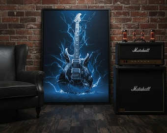 Electrifying Blue Lightning Electric Guitar Poster for Rock Music Fans and Studio Decor