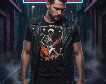 Skeleton Guitarist T-shirt PNG Rock Music Graphic Streetwear Splash Art Digital Download Design