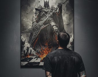 Gothic Skeleton King Wall Art Dark Fantasy Knight Guitar PNG Heavy Metal Music Poster