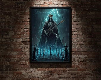 Gothic Skeleton King Lightning Wall Art Dark Fantasy Guitar Knight Rock Music Studio Decor