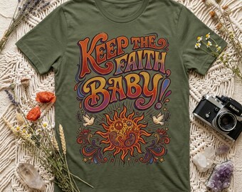 Keep The Faith Baby Retro Radiant Sun Peace Sign Graphic Hippie Seventies Psychedelic Illustration