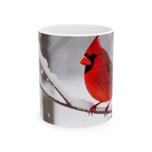 Winter Cardinal Ceramic Mug, Cozy Bird Themed Coffee Cup, Holiday Gift for Bird Lovers, Nature Lover Mug, Home Décor