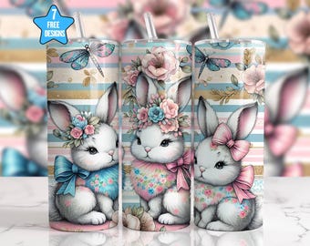 Easter Bunnies Tumbler Wrap: Floral 20oz Skinny Tumbler Design (PNG Download)