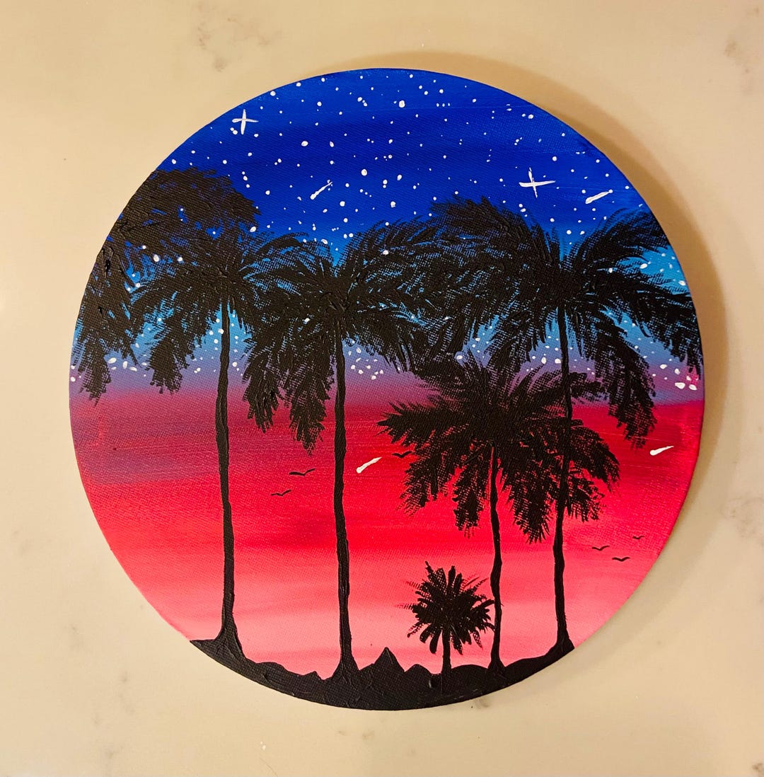Tropical Sunset and Starry Night - Round Acrylic Palm Tree Painting ...