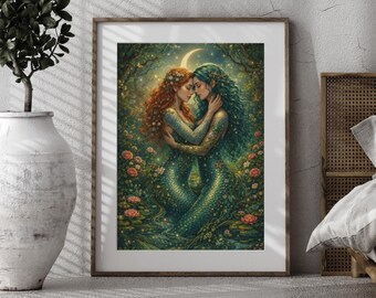 May include: A framed art print featuring two mermaids embracing, set against a backdrop of a crescent moon and lush foliage. The mermaids have red and green hair, and their tails are a matching green color. The artwork is displayed in a bedroom setting.