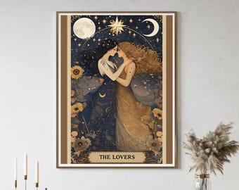 Lámina artística sáfica de los amantes / Regalo de boda lésbico / Decoración celestial de Whimsigoth / Póster de arte queer / Arte mural de orgullo sutil