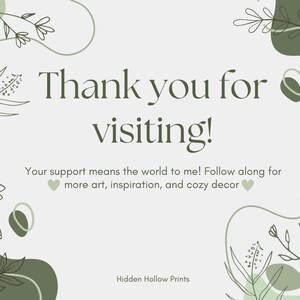 Thank you card from Hidden Hollow Prints with green botanical illustrations and the text “Thank you for visiting!” on a soft neutral background. Minimalist brand insert shown as part of a lesbian and sapphic wall art listing, representing small business packaging for queer art, subtle pride decor, and thoughtful wlw art purchases.