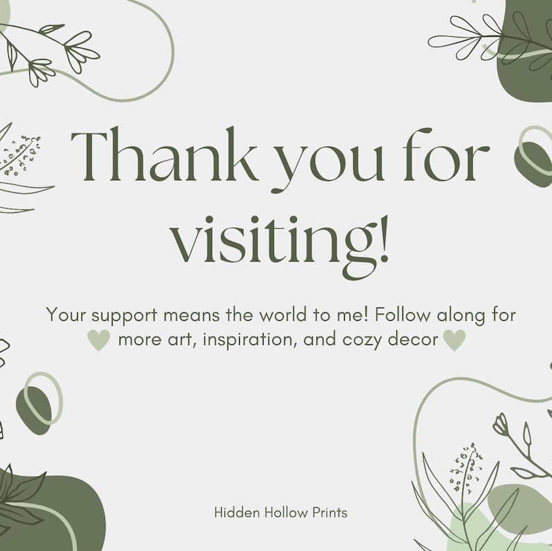Thank you card from Hidden Hollow Prints with green botanical illustrations and the text “Thank you for visiting!” on a soft neutral background. Minimalist brand insert shown as part of a lesbian and sapphic wall art listing, representing small business packaging for queer art, subtle pride decor, and thoughtful wlw art purchases.