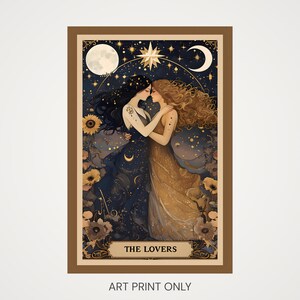 Romantic sapphic wall art illustration in an Art Nouveau, whimsigoth style, featuring two women embracing beneath a starry night sky with moon and celestial symbols. The lovers wear flowing dark and golden gowns surrounded by flowers, stars, and cosmic details, evoking intimacy, devotion, and subtle queer pride. Elegant lesbian art print perfect as a wedding or anniversary gift, including 1st or 2nd anniversary, for couples who love mystical, sensual, and symbolic decor.