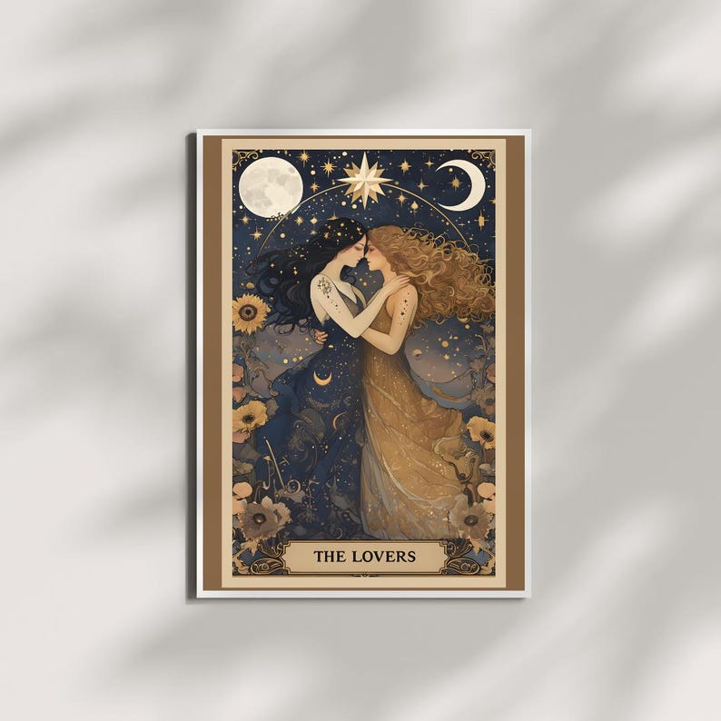 The Lovers Sapphic Art Print, Lesbian Wedding Gift, Whimsigoth Decor, Queer Art Poster. A beautifully illustrated sapphic art print that blends whimsigoth decor, celestial romance, and vintage aesthetics. Featuring two lovers entwined beneath a dreamy night sky, this piece radiates warmth, connection, and cosmic harmony. Displayed in simple white frame against a moody and shadowy backdrop.