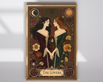The Lovers Sapphic Art Print – Lesbian Wedding Gift | Queer Art Nouveau Inspired Whimsigoth Wall Art