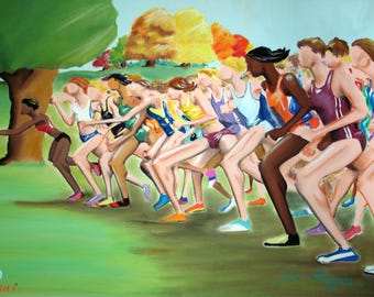 Pode incluir: Uma pintura retratando um grupo de corredores com roupas esportivas iniciando uma corrida em um campo gramado. Os corredores estão posicionados em linha, vestindo regatas e shorts de várias cores, com uma grande árvore verde à esquerda.