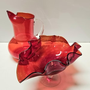 Red Bischoff Glass Ruffled Compote and Pitcher Set