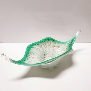 HUGE Murano Glass Console Bowl Emerald Green with Copper Swirls