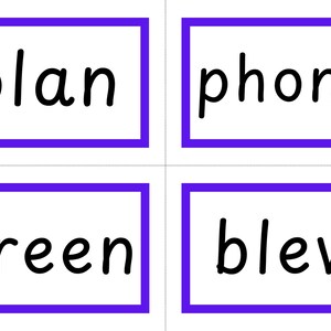 Könnte beinhalten: Vier weiße rechteckige Karten mit schwarzem Text und lila Rändern. Die Wörter auf den Karten sind "plan", "phone", "green" und "blew". Die Karten sind in einem 2x2-Raster angeordnet.